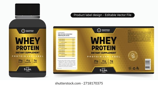 Molkenprotein Pulver Etikettendesign, Logo und Verpackungsdesign. Ergänzungsglas Etikett Design, Gesundheitsprodukt BCAA Glutathion, schwarz goldglänzendes Etikett editierbare Vektordatei, Schokolade Geschmack Pulver Etikett