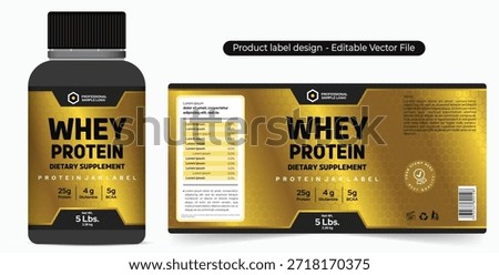 Whey Protein Powder Label Design, Logo and Packaging design. Supplement jar label design, health product BCAA glutathione, black gold shiny label editable vector file, chocolate flavour powder label