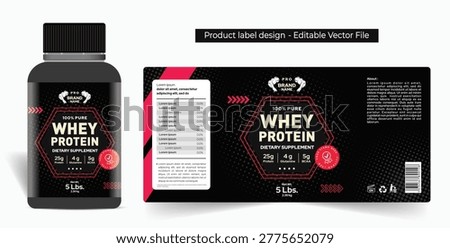 Whey Protein Powder Label Design, Logo and Packaging design. Supplement jar label design, health product BCAA glutathione, black gold shiny label editable vector file, Strawberry fruit flavor label design