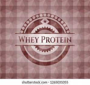 Whey Protein red seamless emblem with geometric pattern background.