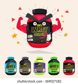 whey protein showing muscle arm. strong and power concept. set of container - vector illustration