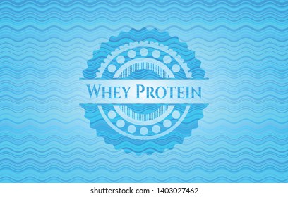 Whey Protein sky blue water badge. Vector Illustration. Detailed.