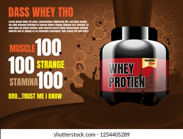 Whey protein with splash cocoa on brown background with small hexagons