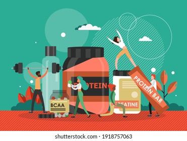 Whey Protein And Sport Nutrition Concept Vector Illustration. Healthy Food, Supplement Protein Bar, Energy Diet. Meal For Active Lifestyle And Fitness Exercise