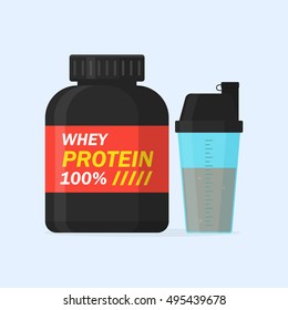 Whey protein and sports shaker vector illustration, isolated from the background. Icons of sports supplements or nutrition. Protein drink in flat style.