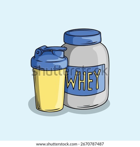 Whey Protein Supplement and Shaker Cup. Nutrition Essentials