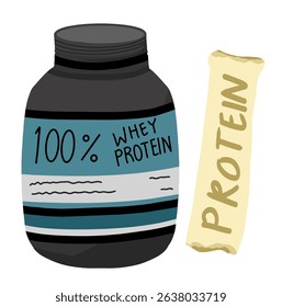 Whey protein tub and protein bar supplement icons for muscle.