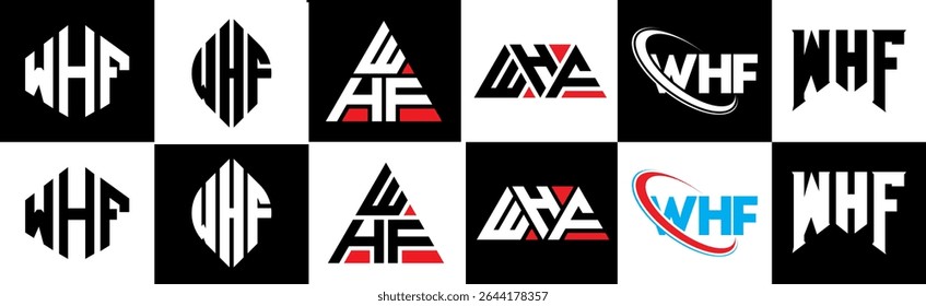 WHF letter logo design in six style. WHF polygon, circle, triangle, hexagon, flat and simple style with black and white color variation letter logo set in one artboard. WHF minimalist and classic logo