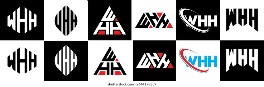 WHH letter logo design in six style. WHH polygon, circle, triangle, hexagon, flat and simple style with black and white color variation letter logo set in one artboard. WHH minimalist and classic logo