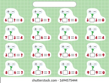 Was ist Addition oder Subtraktion? finden und schreiben? Mathematik-Arbeitsblatt für Kinder 