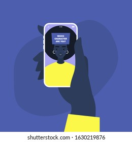 Which character are you, online quiz, mobile entertainment, young black female character playing an online social media game