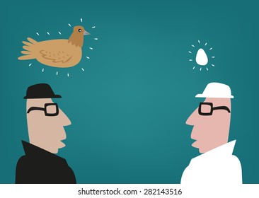 Which Comes First? Chicken or the Egg Dilemma concept. Clip art Illustration.
