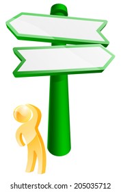 Which direction? concept of a mascot looking at sign deciding which way to go