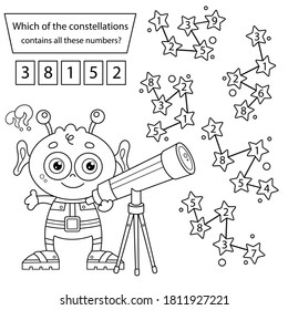 Which of the constellations contains all these numbers? Puzzle Game. Coloring Page Outline Of Cartoon alien with telescope. Space. Coloring book for kids.