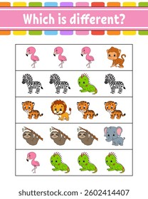 Which is different. Educational activity worksheet for kids and toddlers. Game for children. Vector illustration.