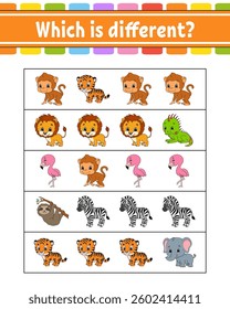 Which is different. Educational activity worksheet for kids and toddlers. Game for children. Vector illustration.