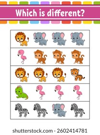 Which is different. Educational activity worksheet for kids and toddlers. Game for children. Vector illustration.