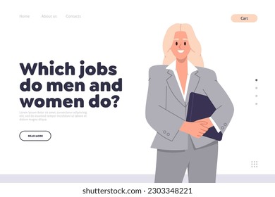 Which do man and woman concept for landing page with flat cartoon happy female lawyer character