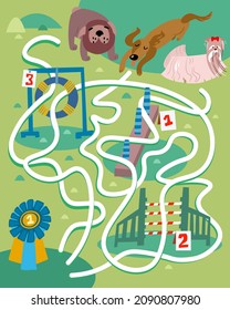 Which Of Dogs Will Run On Correct Path And Receive Winner's Cup. Remember Winner Must Overcome Three Sports Equipment From 1 To 3. Maze For Kids. Full Color Hand Draw Vector Illustration
