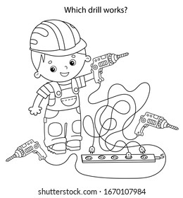 Which drill works? Maze or Labyrinth Game for Preschool Children. Puzzle. Tangled Road. Matching Game. Coloring Page Outline Of Cartoon Worker with drills. Coloring book for kids.