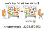 Which fish did the girl choose? Find the differences puzzle game. Find hidden objects in the picture. Puzzle Hidden Items. Educational game for children. Colorful cartoon characters
