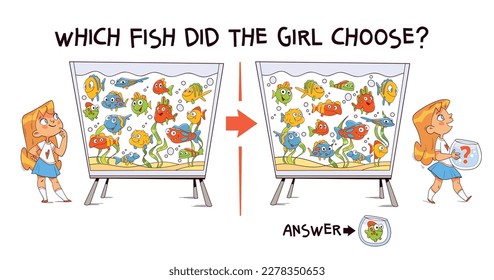 Which fish did the girl choose? Find the differences puzzle game. Find hidden objects in the picture. Puzzle Hidden Items. Educational game for children. Colorful cartoon characters