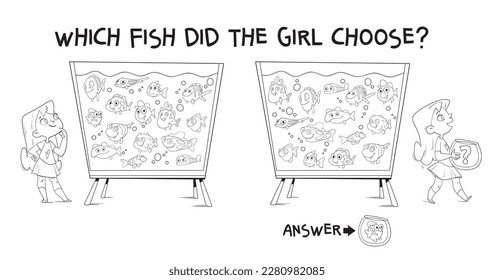 Which fish did the girl choose? Find the differences puzzle game. Find hidden objects in the picture. Puzzle Hidden Items. Educational game for children. Coloring book. Cartoon characters