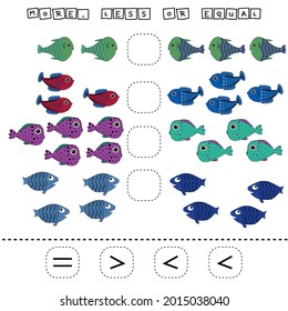 Which is greater, less or equal game with funny fishes. Worksheet for preschool kids, kids activity sheet, printable worksheet