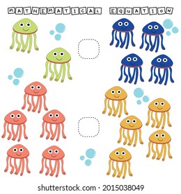 Which is greater, less or equal game with funny jellyfish. Worksheet for preschool kids, kids activity sheet, printable worksheet