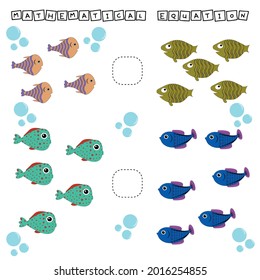 Which is greater, less or equal game with funny fishes. Worksheet for preschool kids, kids activity sheet, printable worksheet