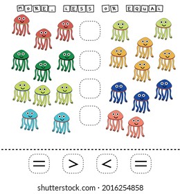 Which is greater, less or equal game with funny jellyfish. Worksheet for preschool kids, kids activity sheet, printable worksheet