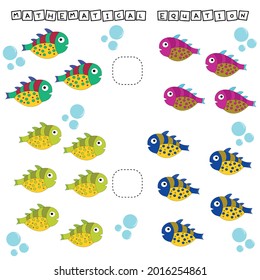 Which is greater, less or equal game with funny fishes. Worksheet for preschool kids, kids activity sheet, printable worksheet