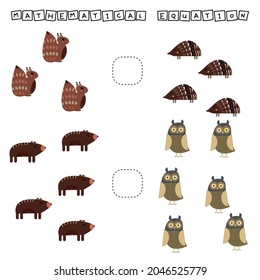 Which is greater, less or equal game with funny hedgehog, squirrel, bear, owl. Worksheet for preschool kids, kids activity sheet, printable worksheet
