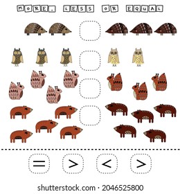 Which is greater, less or equal game with funny hedgehog, squirrel, bear, owl. Worksheet for preschool kids, kids activity sheet, printable worksheet
