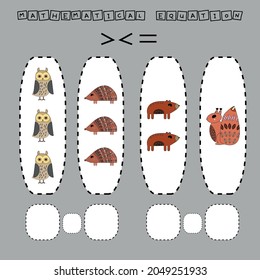 Which is greater, less or equal game with funny hedgehog, squirrel, bear, owl. Worksheet for preschool kids, kids activity sheet, printable worksheet
