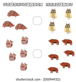 Which is greater, less or equal game with funny hedgehog, squirrel, bear, owl. Worksheet for preschool kids, kids activity sheet, printable worksheet
