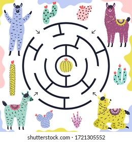 Which llama gets to the cactus? Funny maze game for kids with alpacas. Educational worksheet for preschool. Vector illustration