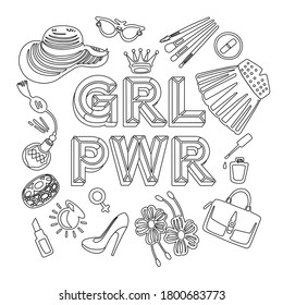 «GRL PWR» (which means girl power) stylish coloring page for adults and children. Fashion illustration and lettering. Hand drawn, printable, trendy vector.