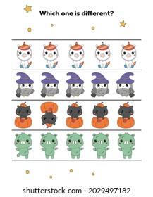 Which one is different. Halloween worksheet for preschool children. Cute kawaii animals in costumes. Printable game. Vector illustration.