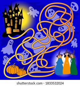 Which path can the witches take home. Maze, educational logic game for children. Puzzle, educational vector illustration, cartoon.