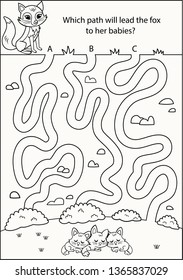 Which path will lead the fox to her babies? Vector illustration. Maze game for kids.