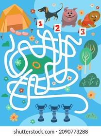 Which of puppies will run on correct path. Maze education for kids. Maths and numbers. Full color hand drawing vector illustration.