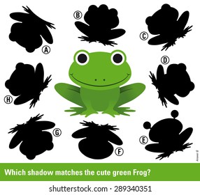 Which shadow - Educational kids puzzle with cute smiling green frog surrounded by variations of shadow shapes to select and match to find a solution, vector illustration