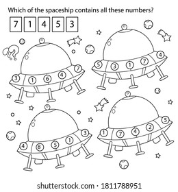 Which of the spaceship contains all these numbers? Puzzle Game. Coloring Page Outline Of a flying saucer. Space. Coloring book for kids.