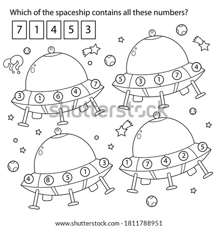 Which of the spaceship contains all these numbers? Puzzle Game. Coloring Page Outline Of a flying saucer. Space. Coloring book for kids.