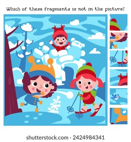 Which of these fragments is not in picture. Find all fragments. Child Game. Activities, vector illustration. Children's games in winter.