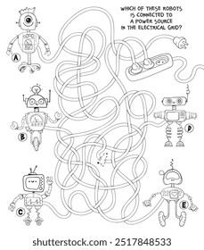 Welcher dieser Roboter ist an eine Stromquelle im Stromnetz angeschlossen? Kinder Logik-Spiel, um das Labyrinth zu passieren. Pädagogisches Spiel für Kinder. Aufmerksamkeitsaufgabe. Wählen Sie den richtigen Pfad. Malbuch