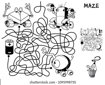 Which of the three robots will get a battery? Educational maze game for children. Black and white cartoon vector illustration