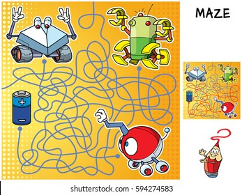 Which of the three robots will get a battery? Educational maze game for children. Cartoon vector illustration