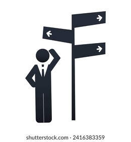 Which Way to Choose? - Business Decision Design Concept - Businessman Figure Scratching His Head While Standing Beside a Road Sign - Isolated Black and White EPS10 Vector Illustration